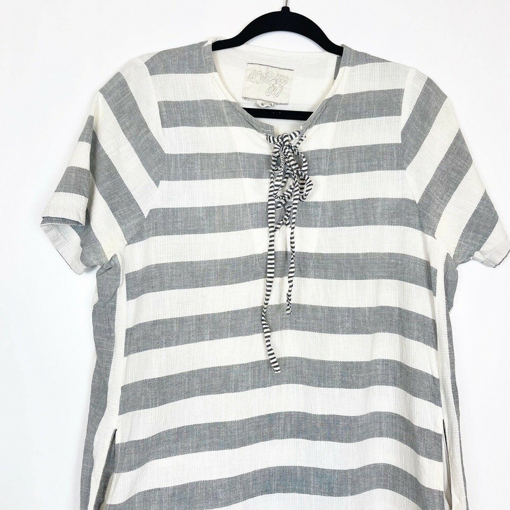 Ace & Jig Striped Lace Up Dress Organic Cotton Pockets Women's Gray White Size L - Picture 4 of 11